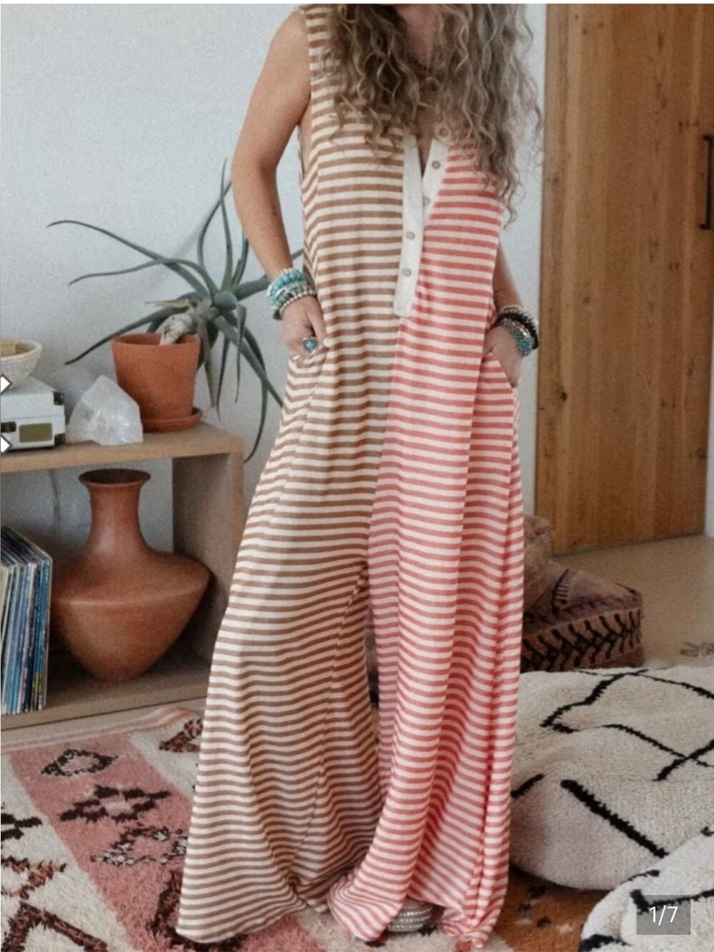 New Three Bird Nest Two-Tone Striped Wide-Leg Jumpsuit in Pink & Tan S